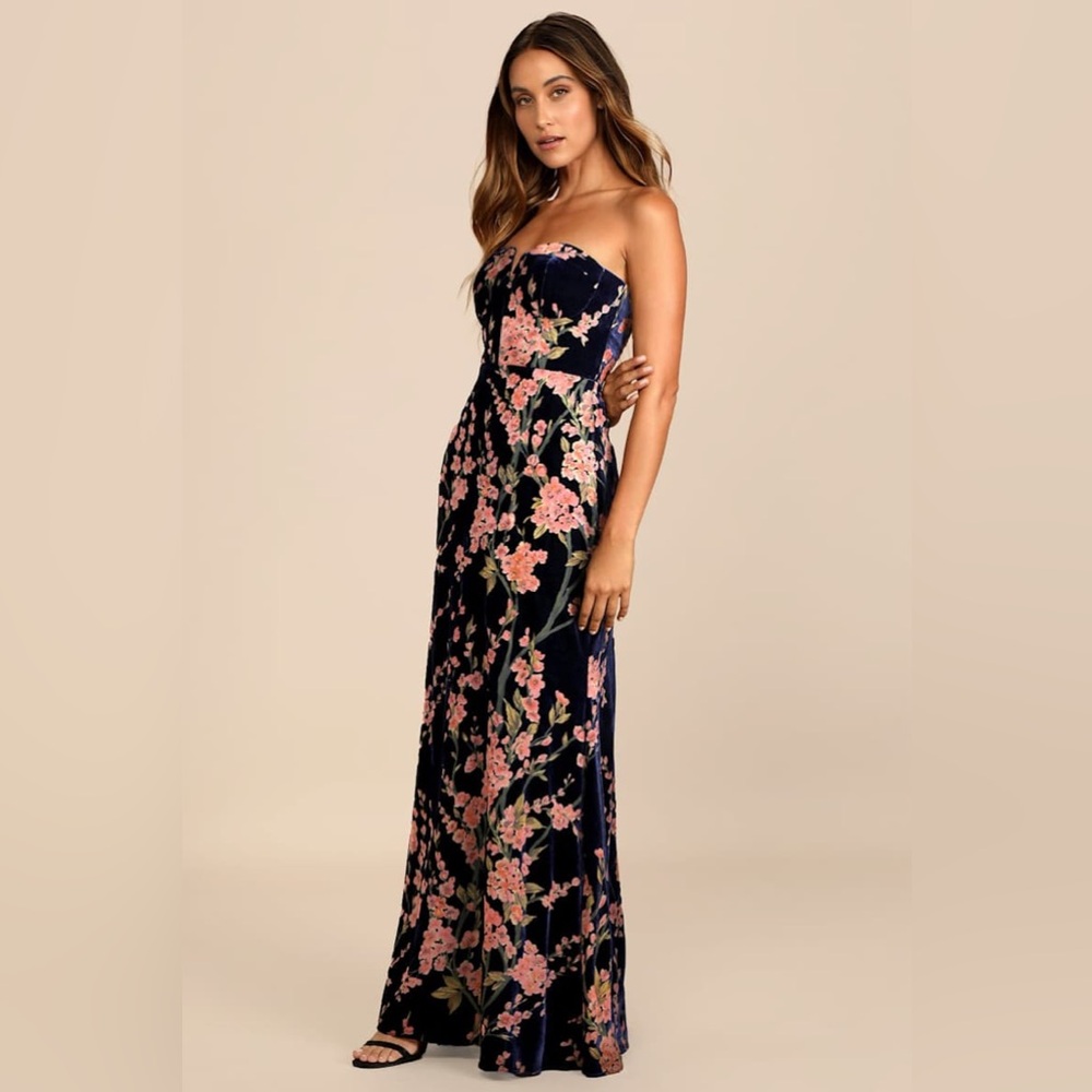 Bloom In Mind Navy Blue Floral Print Velvet Strapless Maxi Dress *Damaged - Picture 7 of 14